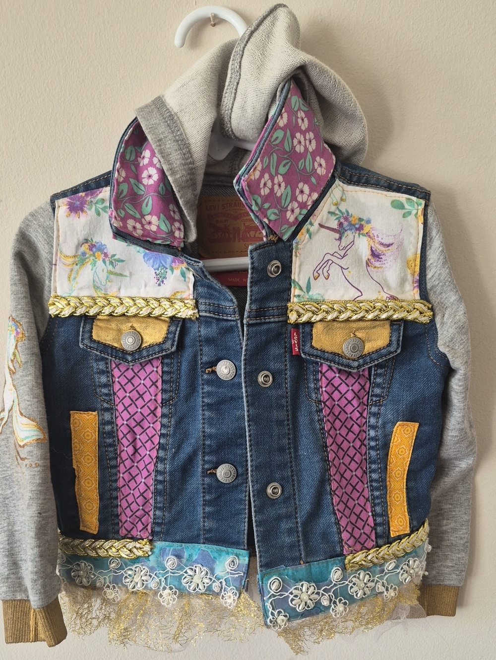 New • Custom Levi Strauss Denim Unicorn Jacket with Gray Hoodie
